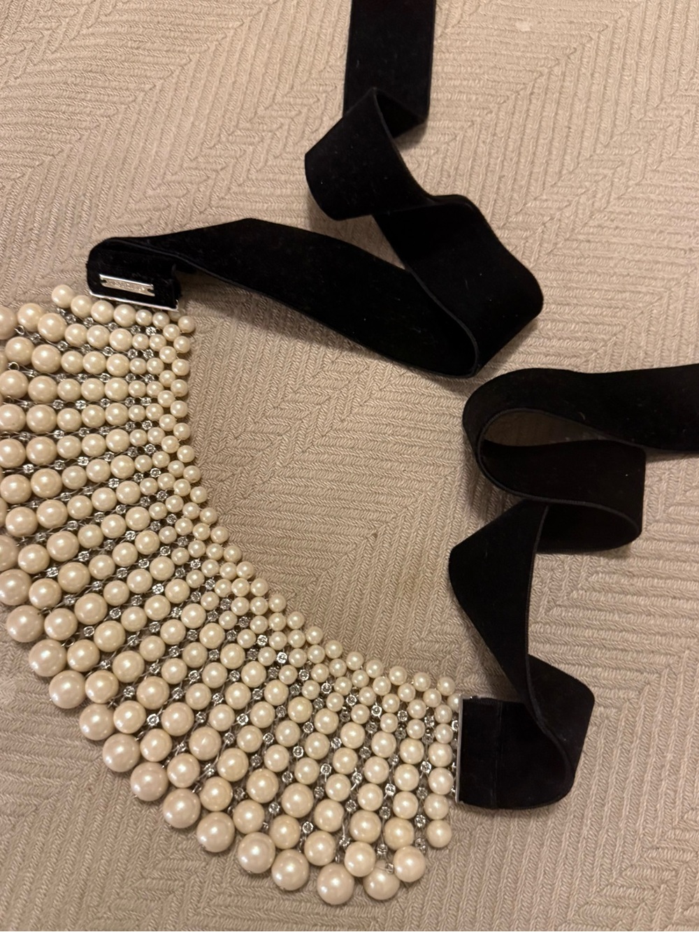 Pearl Statement Collar Necklace with Black Velvet Ribbon